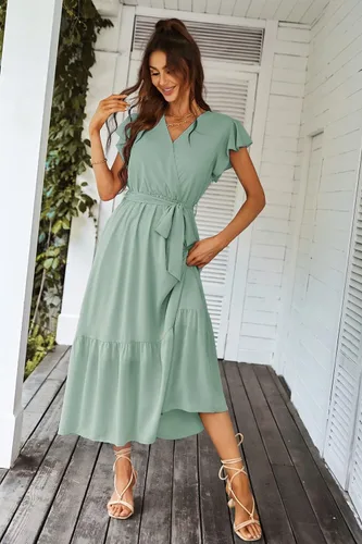 Vista 8 de PRETTYGARDEN - Vestido floral de verano para mujer, cruzado, con cuello en V, manga corta, con cinturón, dobladillo con volantes, acampanado