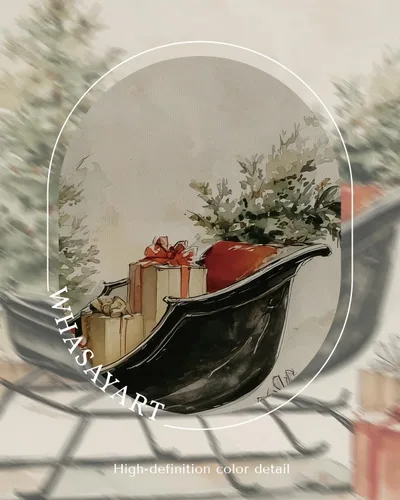 Vista 6 de Arte de pared con trineo, árbol navideño y cajas de regalo, 12 x 16 pulgadas, lienzo enmarcado de Navidad, cuadro rústico festivo, obra de arte