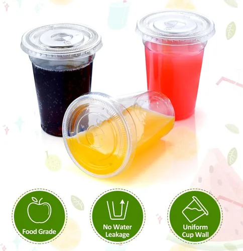 Vista 3 de Eupako 10 onzas - 100 juegos de vasos de plástico con tapas, vasos desechables transparentes con tapas, contenedores para bebidas frías, postres