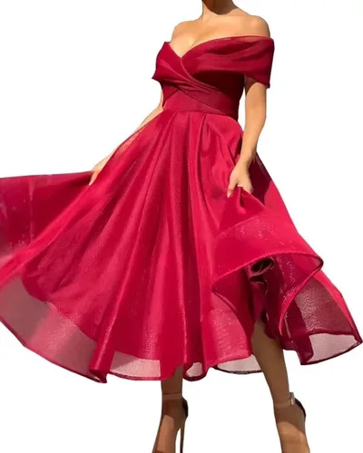 Vista 4 de Vestidos de fiesta con hombros descubiertos para mujer, plisados, acampanados, de tul formales, vestidos de noche elegantes con bolsillos