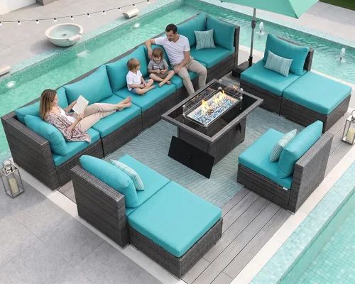 Vista 77 de NICESOUL Juego de muebles de patio de ratán extra grande con mesa para fogata de gas y propano, 29.3 pulgadas, respaldo alto, cómodos conversaciones