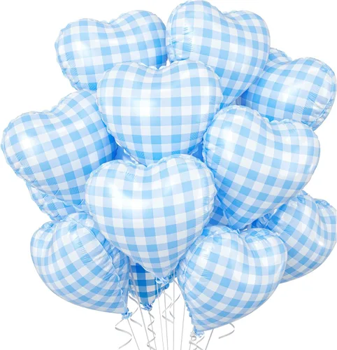 Vista 44 de Globos de corazón azul bebé, 10 piezas de globos en forma de corazón azul claro y blanco pastel, globos de papel de aluminio blanco arena crema