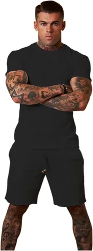 Vista 2 de Redqenting Conjunto de pantalones cortos casuales para hombre, 2 piezas, conjuntos de pantalones deportivos de verano a juego de camisa y pantalones