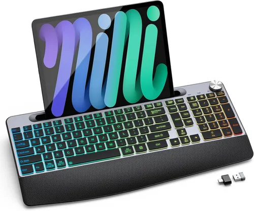 Vista 8 de JOYACCESS Large Print Backlit Wireless Keyboard,2.4G Full Size Ergonomic Keyboard with Wrist Rest, 7-Color Light up and Oversiez Letter for Computer