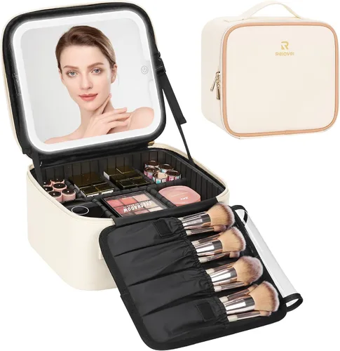 Vista 20 de Relavel Bolsa de maquillaje pequeña de viaje con espejo LED en luz de 3 01-Negro
