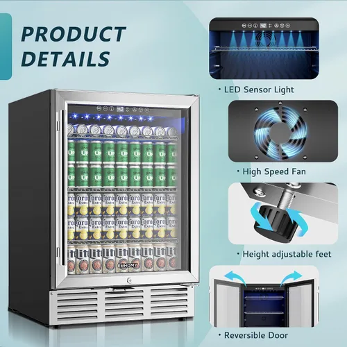 Vista 5 de EUHOMY Refrigerador de bebidas de 24 pulgadas, enfriador de bebidas integrado para 180 latas, refrigerador de cerveza debajo del mostrador