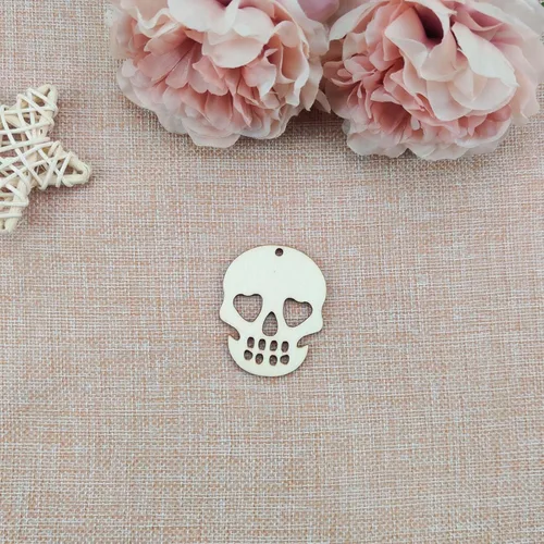 Vista 3 de 30 piezas de mini calaveras de madera para manualidades, recortes de 2 pulgadas, en forma de calavera de madera en blanco con cordeles de yute