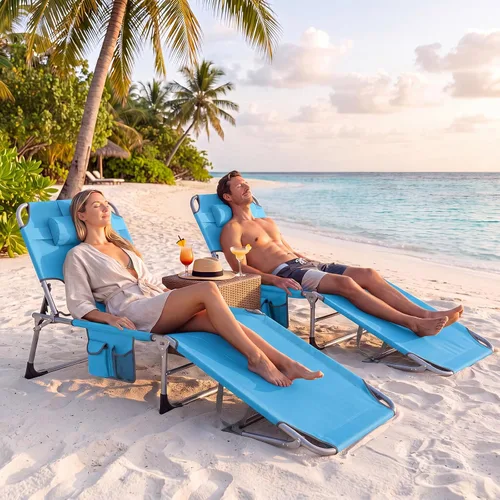 Vista 5 de Tangkula Silla de bronceado con agujero facial, silla plegable ajustable reclinable para playa, tomar el sol con bolsillo lateral, tumbona portátil