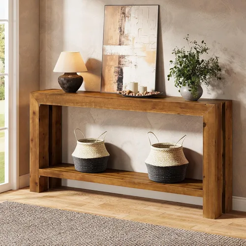 Vista 3 de Mesa consola de entrada de madera maciza de 63 pulgadas, mesa de sofá estrecha de granja detrás del sofá con almacenamiento de 2 niveles