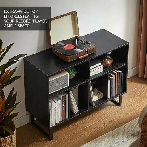 Vista 6 de Soporte grande para tocadiscos con almacenamiento de vinilo, gabinete moderno de mediados de siglo para más de 500 álbumes, mesa giratoria de nogal