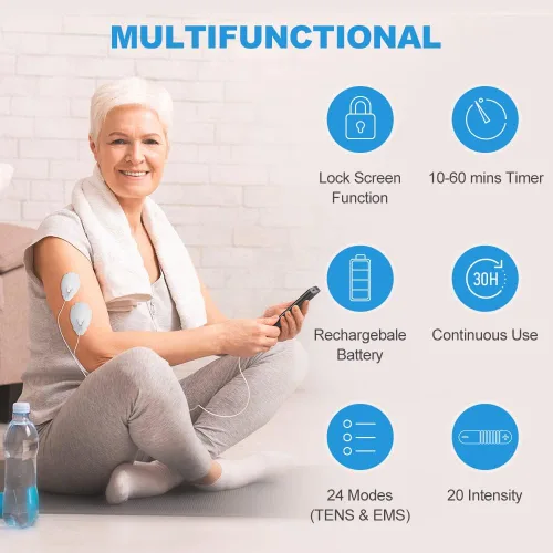 Vista 5 de NURSAL Unidad EMS TENS de doble canal, 24 modos, estimulador muscular para alivio del dolor y fuerza muscular con 14 almohadillas, masajeador