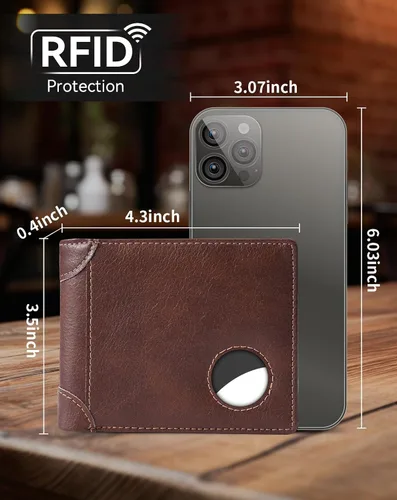 Vista 44 de Swallowmall AirTag Billetera para hombre con bloqueo RFID, de piel auténtica, plegable, para AirTag con 1 ventana de identificación, 13 tarjeteros