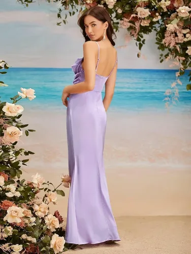 Vista 2 de Vestido de fiesta de sirena con tirantes delgados vestido largo de satén de seda para boda vestido formal con abertura