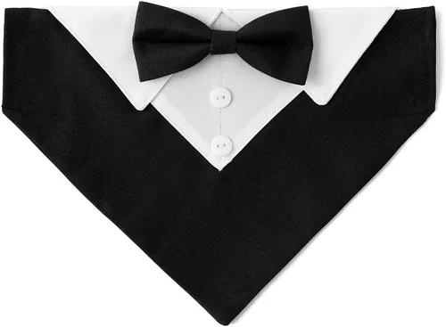 Vista 4 de Collar de perro de esmoquin para boda, compromiso y cumpleaños, collar bandana formal para perro disfraz con corbata de moño y hebilla ajustable