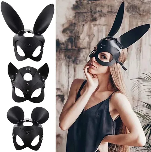 Vista 2 de Máscara de cuero para mujer, disfraz de gato de conejo, zorro, máscara de medio rostro de animal, cosplay, fiesta de Halloween, mujeres y mujeres