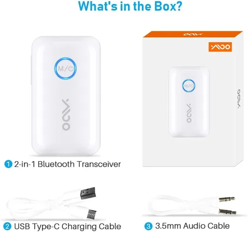 Vista 8 de YMOO Transmisor Receptor Bluetooth 5.3 para 2 Auriculares Inalámbricos/Altavoz/Avión, Adaptador de Audio Bluetooth AUX Jack de 3.5mm, 22h Largo