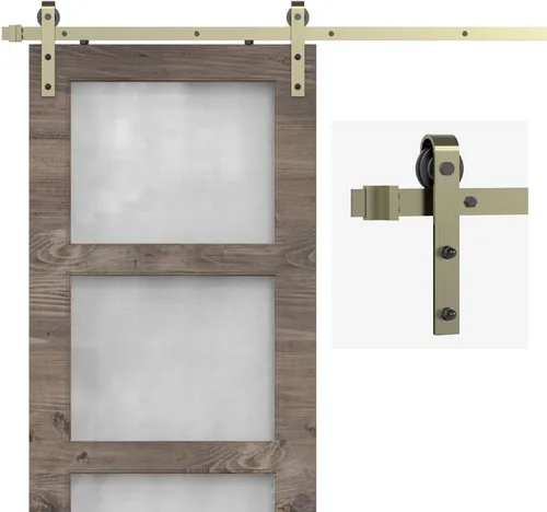Vista 15 de Kit de herrajes clásicos de latón para puerta corrediza de granero de 5 pies para puerta interior, paquete de oro cepillado con mecanismo de cierre