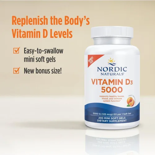 Vista 3 de Nordic Naturals Vitamina D3 5000, Naranja - 200 mini geles blandos - Apoyo para huesos saludables, estado de ánimo y sistema inmunológico