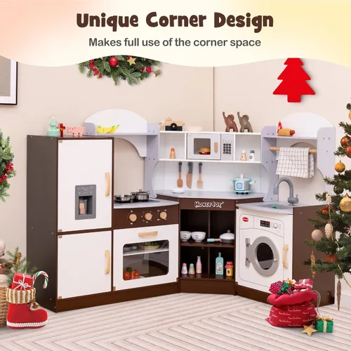Vista 3 de HONEY JOY Juego de Cocina de Esquina para Niños, Cocina de Juego de Madera Definitiva para Niños Pequeños, Lavadora, Máquina de Hielo, Fregadero