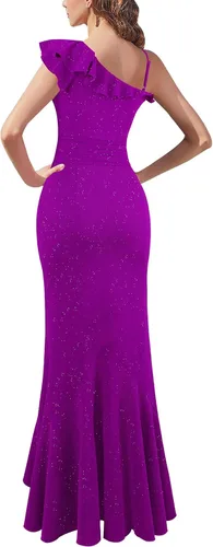 Vista 2 de VFSHOW Vestido largo formal de fiesta con volantes y tirantes de un hombro para mujer, con cuello en V, sexy, para invitadas de boda, vestido largo