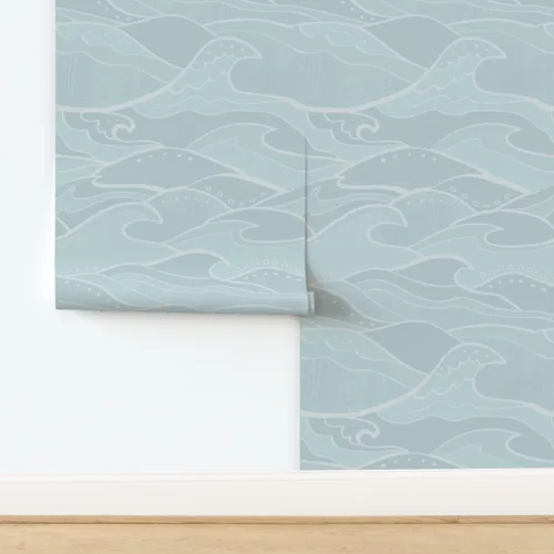Vista 4 de Spoonflower Papel tapiz para despegar y pegar - Ondas Mar Luz Verde Azul Océano Náutico Surf Beach House Papel pintado extraíble personalizado