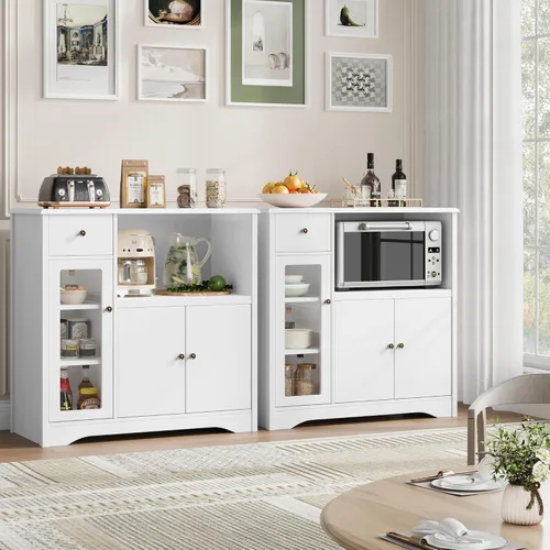 Vista 7 de HORSTORS Armario para microondas, armario de almacenamiento de cocina con 3 puertas y 1 cajón, aparador de buffet con estantes ajustables, soporte