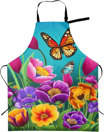 Vista 16 de Delantales florales azules para el hogar, 2 bolsillos, 33 x 28 pulgadas, para hombres y mujeres, diseño floral gris, impermeable, para manualidades
