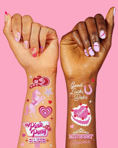 Vista 3 de xo, Fetti Pink Pony Club - Tatuajes temporales – 54 piezas de papel de aluminio iridiscente Fiesta de despedida de soltera de vaquera, recuerdos