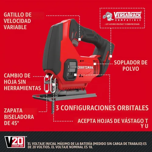Vista 2 de CRAFTSMAN Sierra de calar inalámbrica V20, 3 ajustes orbitales, hasta 2,500 SPM, solo herramienta desnuda (CMCS600B)