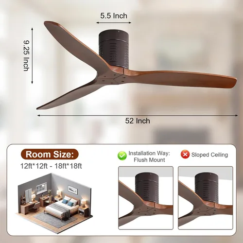 Vista 2 de Sofucor Ventilador de techo de 52 pulgadas sin luz, ventiladores de techo de madera maciza para interiores y exteriores sin luces, motor CC