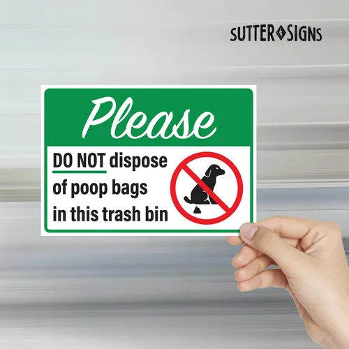 Vista 3 de Please Do Not Dispose Poop Bags in this Trash Bin Stickers, autoadhesivas de vinilo resistentes a la intemperie, verde/blanco, 10 x 7 pulgadas