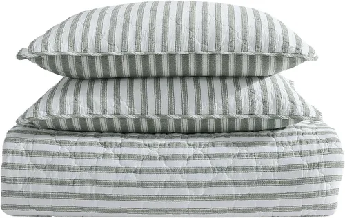 Vista 6 de Stone Cottage - Juego de edredón de tamaño individual, ropa de cama reversible de algodón con fundas de almohada a juego, juego de cama ideal a Verde