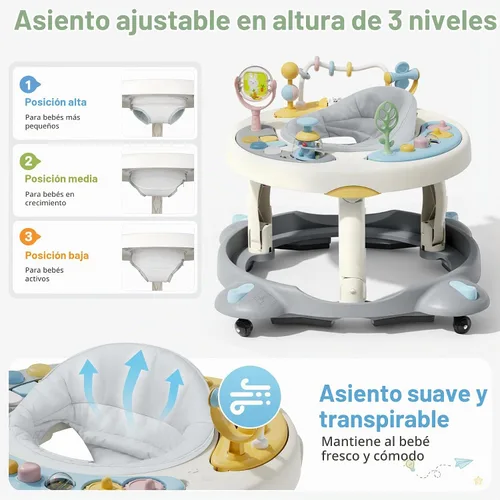 Vista 5 de Andador de bebé con ruedas, andador plegable para bebés de 6 a 12 meses, asiento giratorio de 3 posiciones con centro de actividad interactivo Gris