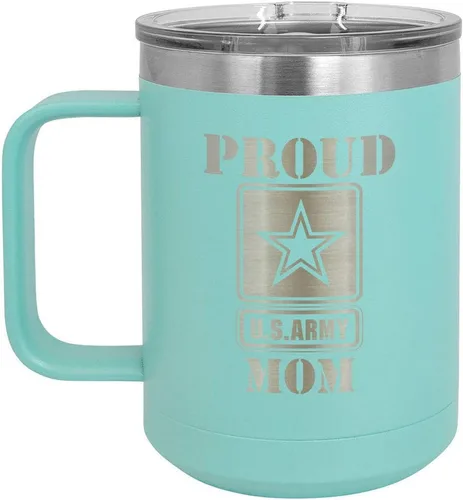 Vista 17 de PROUD ARMY MOM BLACK Taza de café de 15 oz con tapa deslizante Taza de café de viaje aislada Ideas de regalos del día de la madre de hijo o hija