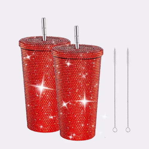 Vista 10 de Tazas de café helado con purpurina de diamante, taza de agua azul brillante con tapa y popote para agua para mujer y niña, 2