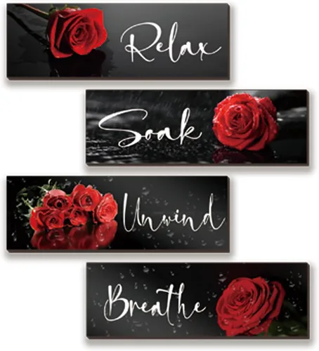 Vista 12 de ZINYAZHE 4 piezas de decoración de baño naranja, decoración de pared de rosas, accesorios de baño de madera naranja con arte de pared para Rosa