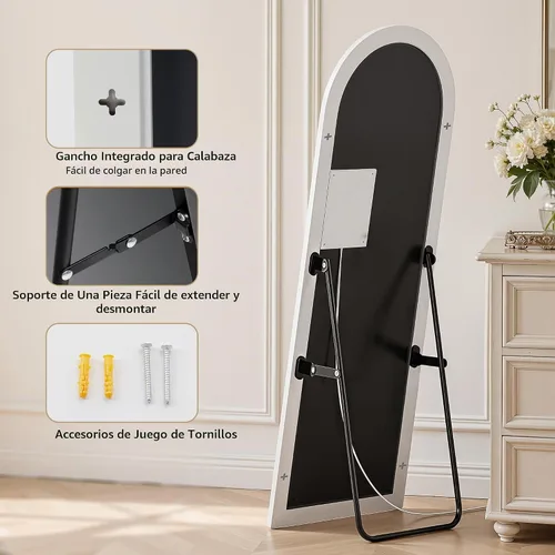 Vista 9 de Espejo arqueado de cuerpo entero con luces LED, espejo de piso LED de 60"x16" con soporte, espejos de piso para el cuerpo con atenuación e