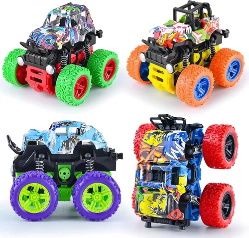 Vista 11 de Camión monstruo para niños de 3, 4, 5, 6, 7 años, paquete de 4 juguetes de automóvil impulsados por fricción Push and Go, juego de vehículos