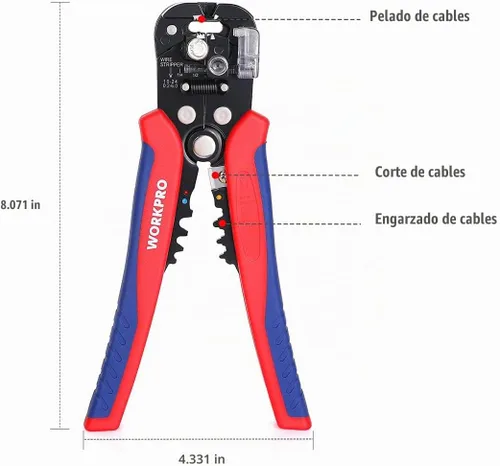 Vista 2 de WORKPRO Pelacables autoajustable, pelacables automático 3 en 1, cortador/engarzador, AWG10-24, alicates múltiples de 8 pulgadas para pelar cables