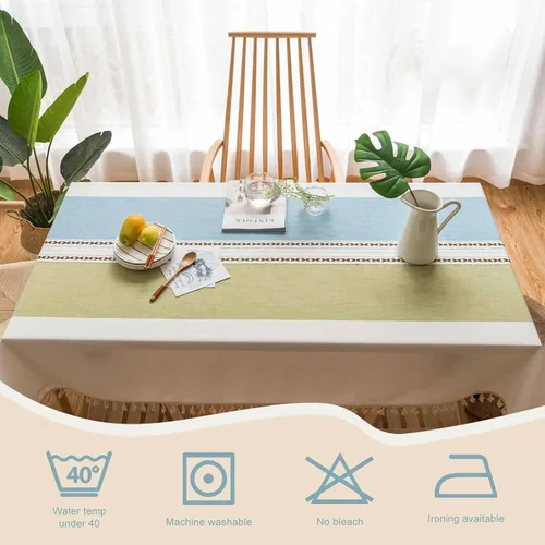 Vista 5 de Pahajim Mantel Rectangular a Rayas con Borlas Mantel Grueso de Lino y Algodón para Picnic al Aire Libre, Comedor y Decoración de Cocina para Fiestas