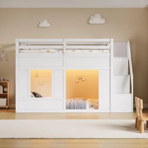 Vista 30 de Playhouse Wood Twin Size Loft Bed with Storage Staircase, Desk, Shelves