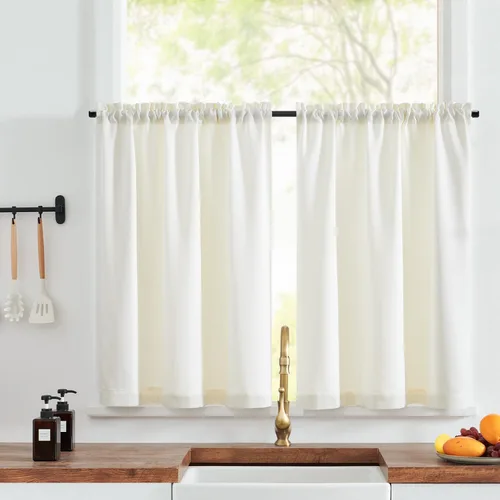 Vista 8 de jinchan Cortinas de cocina con textura de lino, con bolsillo para barra, con aspecto de lino para sala de estar, casa de campo, cafetería, cortinas