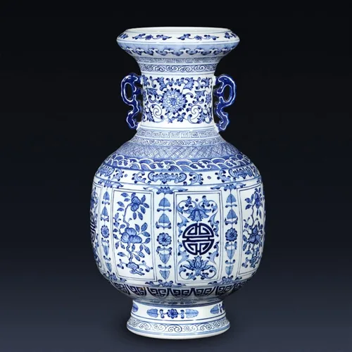 Vista 6 de Florero de escultura florero de cerámica chino retro pintado a mano azul y blanco, florero de porcelana grande de 16.5 pulgadas para decoración