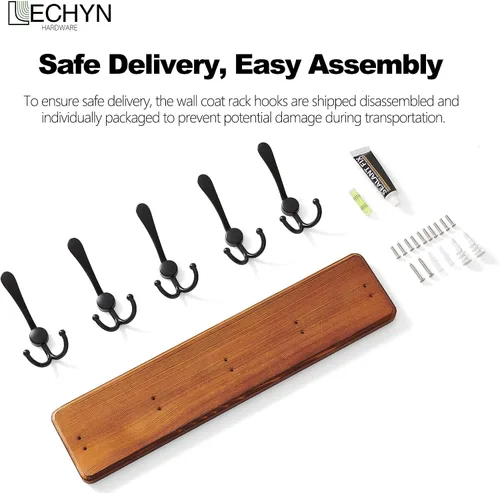 Vista 6 de Perchero de madera rústica con 5 ganchos, soporte de pared resistente para colgar chaquetas (marrón)