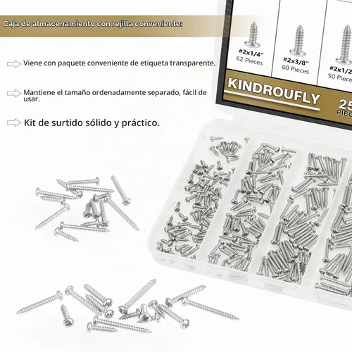 Vista 7 de 252 piezas #2 x 1/4" 3/8" 1/2" 5/8" 3/4" tornillos autorroscantes Phillips de cabeza pan, kit de surtido de tornillos para madera, acero inoxidable