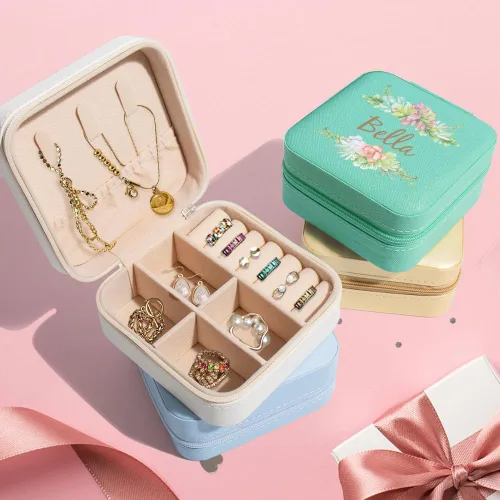 Vista 2 de Joyero personalizado con nombre y floral, estuche de viaje personalizado, organizador de dama de honor, regalos de cumpleaños para mujeres