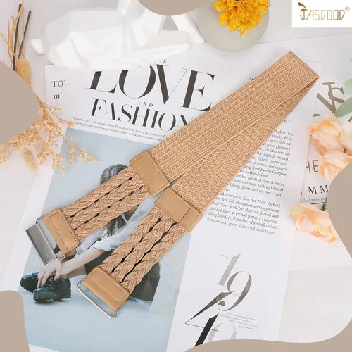 Vista 7 de JASGOOD Cinturón elástico tejido de paja verano Boho trenzado vestido cinturón mujeres cinturón elástico cinturón