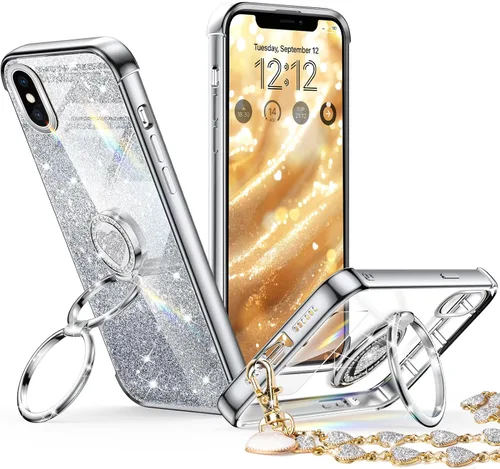 Vista 17 de XYZ para Funda de iPhone Xs Max con Soporte, Funda de Teléfono con Doble Soporte de Anillo, Funda de Amor-Corazón Linda de Lujo con Brillantina