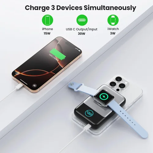 Vista 6 de Cargador portátil magnético para iPhone, Banco de energía inalámbrico Qi2 de 10800mAh y 15W con cargador para iWatch, Paquete de batería de viaje