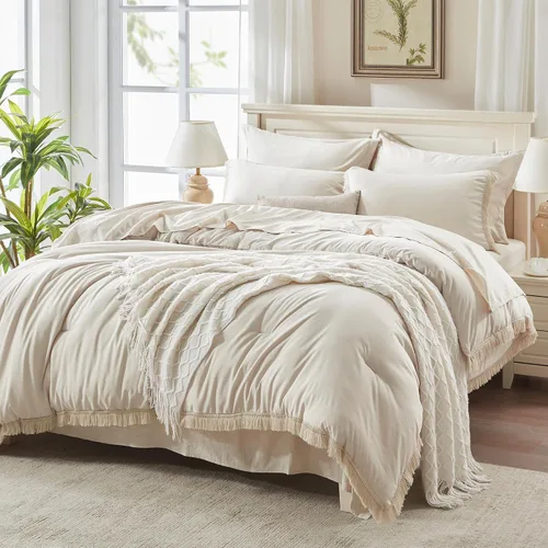 Vista 18 de Andency Juego de ropa de cama con edredón tamaño matrimonial beige con sábanas - 7 piezas, estilo bohemio con borlas, ropa de cama ligera en una 01